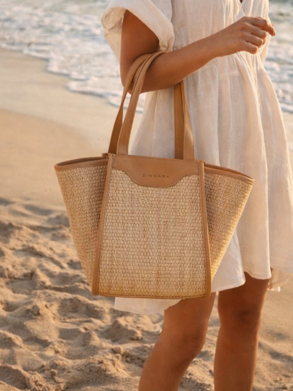 Zingara Nat Mini Tote Bag Beige Straw Look Summer Beach Handbag